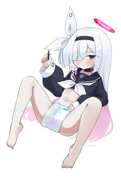 1girl absurdres barefoot black_choker black_hairband black_sailor_collar blue_archive choker colored_inner_hair gevuxx hair_over_one_eye hairband halo highres long_hair multicolored_hair navel neckerchief pink_hair plana_(blue_archive) sailor_collar simple_background solo white_background white_hair white_neckerchief