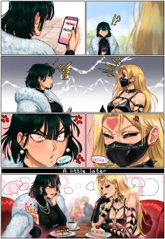absurdres black_dress black_sclera blonde_hair blush bondage_outfit breasts collar colored_sclera commentary dress english_commentary facial_mark forehead_mark fubuki_(one-punch_man) genos highres kaijin_hime_do-s large_breasts long_hair no_mask one-punch_man pic_chick_pic saitama_(one-punch_man) spiked_collar spikes surprised talking yaoi yuri