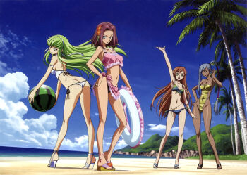 4girls anklet arm_up armpits ass ball bare_shoulders beach beachball belly_chain bent_over bikini blue_hair breasts butt_crack c.c. cleavage cliff cloud code_geass covered_navel dark-skinned_female dark_skin day flip-flops flower food_print front-tie_top fruit_print green_hair hair_flower hair_ornament hair_tubes hand_on_own_hip high_heels highres innertube jewelry kouzuki_kallen long_hair long_legs looking_back lowleg lowleg_bikini medium_breasts multiple_girls navel official_art one-piece_swimsuit open_mouth open_shoes orange_hair outdoors palm_tree pink_sarong ponytail purple_hair sandals sarong shiny_skin shirley_fenette shoes short_hair side-tie_bikini_bottom sky smile swim_ring swimsuit tree villetta_nu watermelon_print waving