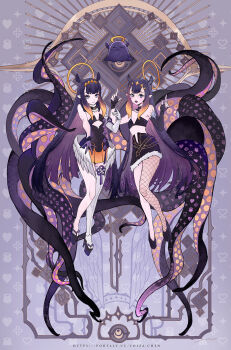 2girls asymmetrical_gloves blunt_bangs breasts dual_persona floating full_body gloves halo hands_up high_heels highres hololive hololive_english loiza long_hair multiple_girls ninomae_ina'nis platform_clogs platform_footwear platform_heels platform_sandals purple_hair sandals single_fishnet_legwear small_breasts takodachi_(ninomae_ina'nis) tentacles very_long_hair virtual_youtuber