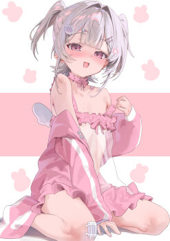 1girl :d between_legs blush center-flap_bangs choker commentary_request double-parted_bangs dress flat_chest frilled_choker frills grey_hair hair_ornament hairclip hand_between_legs hand_up highres jacket kakuma_aru looking_at_viewer mini_wings off_shoulder open_mouth original parallel_hairclips pink_choker pink_eyes pink_jacket see-through_clothes see-through_dress short_hair sitting smile solo strap_slip twintails two_side_up wings