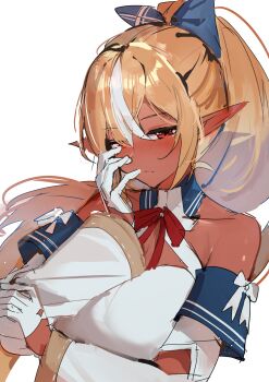 absurdres blonde_hair blue_bow bow breasts carternanmen closed_mouth commentary dark-skinned_female dark_elf dark_skin detached_sleeves dress elf english_commentary hair_bow highres hololive huge_breasts long_hair looking_at_viewer multicolored_hair pointy_ears ponytail red_eyes shiranui_flare shiranui_flare_(1st_costume) shirt solo streaked_hair very_long_hair virtual_youtuber white_background white_dress white_shirt white_streaks