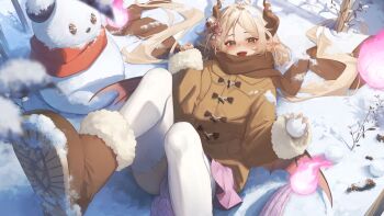 1girl ankle_boots blonde_hair blush boots brown_boots brown_horns brown_jacket brown_scarf cheriyfu_(vtuber) commentary commission commissioner_name dragon_girl dragon_horns dragon_tail english_commentary foot_out_of_frame highres holding holding_snowball horns indie_virtual_youtuber jacket long_hair looking_at_viewer metatarou mixed-language_commentary open_mouth outdoors pink_skirt pointy_ears purple_eyes scarf skeb_commission skirt smile snow snowball snowman solo tail textless_version thighhighs twintails very_long_hair virtual_youtuber white_thighhighs