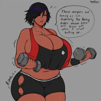 1girl absurdres artist_name belly bicep_curl black_eyes black_hair breasts cleavage collarbone covered_erect_nipples cross cross_earrings cross_necklace curvy dark-skinned_female dark_skin dumbbell earrings english_text exercising female_focus flying_sweatdrops franktonius grey_background highres holding holding_dumbbell huge_breasts jewelry large_breasts lipstick makeup navel necklace original shiny_skin short_hair shorts simple_background solo sound_effects speech_bubble sports_bra standing sweat text_focus torn_clothes torn_shorts trembling wristband