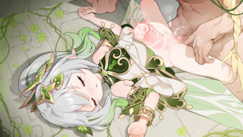 1boy 1girl aether_(genshin_impact) age_difference blonde_hair blvefo9 bracelet braid censored closed_eyes clothed_female_nude_male cum dress ejaculation genshin_impact gradient_hair green_hair grey_hair hetero internal_cumshot jewelry loli long_hair lying mosaic_censoring multicolored_hair nahida_(genshin_impact) nude on_back penis sex side_ponytail sleep_molestation sleeping solo_focus stomach_bulge white_dress x-ray