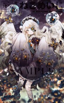 1girl angel_wings animated animated_gif bandaged_leg bandages black_flower black_skin black_skirt black_sleeves blonde_hair blue_eyes blue_flower blue_hat blue_sash boqing_xiao_guafu bug butterfly butterfly_tattoo chinese_clothes chinese_commentary cloud collared_shirt colored_skin commentary_request commission dated feathered_wings feet_out_of_frame field floating_hair floral_print flower flower_field flower_in_eye frilled_skirt frills gradient_eyes gradient_skin gradient_sleeves hat high_collar highres insect leg_tattoo light_particles long_hair long_sleeves looking_at_viewer looping_animation miniskirt multicolored_eyes night night_sky orange_butterfly original outdoors peony_(flower) plate pleated_skirt puffy_long_sleeves puffy_sleeves sample_watermark sash shards shirt skirt sky sleeves_past_fingers sleeves_past_wrists solo sparkle standing symbol_in_eye tattoo too_many_watermarks very_long_hair watermark wavy_hair weibo_watermark white_shirt white_wings wing_flapping wings yellow_eyes