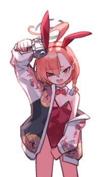 1girl ahoge aiming animal_ear_hairband animal_ears arm_up between_legs blue_archive bow bowtie braid breasts cleavage covering_privates detached_collar fake_animal_ears floral_print floral_print_jacket gangsta_hold gun hair_ornament hairband halo hand_between_legs handgun holding holding_gun holding_weapon huge_ahoge jacket joykoygo leotard medium_hair mole mole_under_each_eye mole_under_eye multiple_moles neru_(blue_archive) neru_(bunny)_(blue_archive) open_clothes open_jacket open_mouth orange_hair pistol playboy_bunny pointing_gun_at_viewer rabbit_ear_hairband rabbit_ears red_eyes red_hairband red_leotard side_braid small_breasts solo standing sukajan weapon white_background