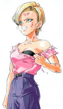1girl absurdres android_18 belt blonde_hair blue_eyes breasts bruise bruise_on_face cleavage clenched_teeth commentary dragon_ball dragon_ball_gt earrings english_commentary highres injury jewelry medium_breasts open_mouth pants shirt short_hair silverwoodwork simple_background solo teeth torn_clothes