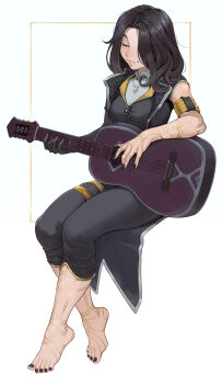 1girl arm_tattoo armlet barefoot black_hair black_nails cheshirrr clair_obscur:_expedition_33 closed_eyes foot_tattoo gloves gold_tattoo guitar highres instrument invisible_chair jewelry lune_(clair_obscur:_expedition_33) music nail_polish playing_guitar playing_instrument single_glove sitting smile solo tattoo toenail_polish toenails toes
