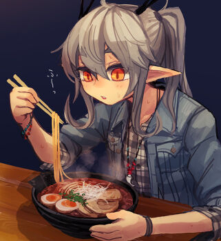 1girl bee_(deadflow) blowing blush bowl bracelet checkered_clothes checkered_skirt chopsticks concon-collector egg female_focus food grey_hair jacket jewelry kuryuu_kohaku long_hair meat necklace noodles orange_eyes pointy_ears ramen skirt solo sweat twintails