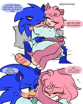 1boy 1girl alternate_universe amy_rose arm_around_neck arm_behind_head arms_around_waist barefoot blue_fur blush cheek_squash closed_eyes commentary couple english_commentary flirting flying_sweatdrops grin half-closed_eye hand_on_another's_face hedgehog_boy hedgehog_girl highres hospital_gown hug laughing long_eyelashes nervous_smile on_bed one_eye_closed open_mouth pawpads pillow pink_fur pushing_away quaverdraws short_hair short_tail sitting smile snort sonic_(series) sonic_the_hedgehog spread_legs tail teasing white_gown