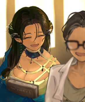 bindi black_hair blurry book breasts dark_skin depth_of_field highres holding holding_book hugging_object kaalaa_baunaa kumar_(reverse:1999) large_breasts ls lune_(illust_lune) open_mouth reverse:1999 smile