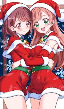 2girls absurdres arm_warmers bare_shoulders blush breasts brown_hair capelet commentary_request dress fur-trimmed_capelet fur-trimmed_dress fur_trim green_eyes hair_ornament hairclip hanadera_nodoka hat healin'_good_precure highres hirogaru_sky!_precure indoors kakikakilemon long_hair looking_at_viewer medium_breasts multiple_girls nijigaoka_mashiro open_mouth pink_eyes precure red_capelet red_dress santa_costume santa_dress santa_hat short_hair smile