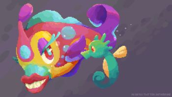 Rule 34 | animal focus, aqua pupils, artist name, bruxish, commentary, dataisgone, english commentary, eyelashes, fish, from side, gen 1 pokemon, gen 7 pokemon, grey background, half-closed eyes, highres, horsea, looking at another, nintendo, no humans, pink lips, pixel art, pokemon, pokemon (creature), pokemon focus, red eyes, seahorse, sharp teeth, smile, teeth, twitter username