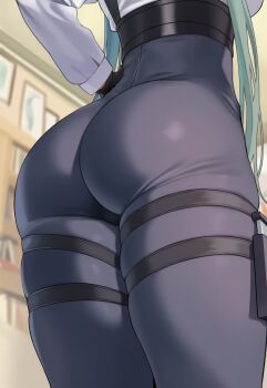 1girl aqua_hair ass ass_focus bad_tag black_gloves black_pants blue_archive bodysuit breasts female_focus from_behind gloves green_hair hand_on_own_hip helmet high-waist_pants highres holster huge_ass long_hair long_sleeves lower_body mina_(blue_archive) pants pantyhose shirt skin_tight skindentation solo standing thick_thighs thigh_holster thigh_strap thighs tight_clothes tight_pants very_long_hair white_shirt