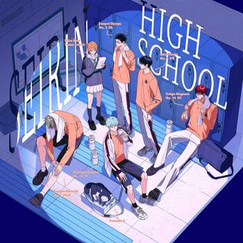 Rule 34 | 1girl, 3030 15, 5boys, aida riko, arm up, bag, bench, black-framed eyewear, black bag, black footwear, black hair, blue cardigan, blue hair, blue socks, bottle, box, cardboard box, cardigan, character name, clipboard, closed mouth, commentary request, crew neck, dog, dot mouth, duffel bag, english text, glasses, hair ornament, hairclip, hand on own hip, highres, holding, holding clipboard, holding pen, hyuuga junpei, izuki shun, jacket, jewelry, kagami taiga, kiyoshi teppei, kuroko no basuke, kuroko tetsuya, limited palette, locker, locker room, long sleeves, looking at viewer, male focus, multicolored clothes, multicolored pants, multiple boys, necklace, open clothes, open jacket, open mouth, orange hair, outstretched leg, pants, pen, pleated skirt, red hair, ring, ring necklace, sailor collar, shirt, shoes, sitting, skirt, sleeping, sleeves past wrists, sneakers, socks, standing, sweat, sweatdrop, tetsuya ni gou, towel, towel around neck, towel on head, water bottle, white bag, white skirt, whiteboard