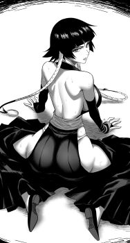 1girl alternate_breast_size_(larger) ass ass_focus bare_back bare_hips bare_shoulders black_hair bleach breasts clothing_cutout detached_sleeves fundoshi hakama hip_vent huge_ass japanese_clothes looking_at_viewer nesz_r on_floor ring_hair_ornament shoes short_hair short_hair_with_long_locks sideboob sitting solo sui-feng sweat sweatdrop