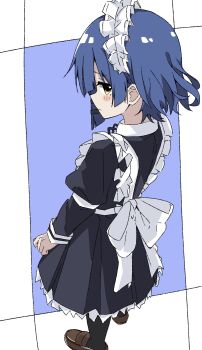 1girl alternate_costume apron black_dress blue_hair blush bocchi_the_rock! bow bowtie dress enmaided frills hair_ornament highres long_sleeves looking_at_viewer looking_back maho_ron1 maid maid_headdress mole mole_under_eye puffy_sleeves ribbon short_hair simple_background skirt solo white_apron white_bow white_bowtie wrist_cuffs yamada_ryo yellow_eyes