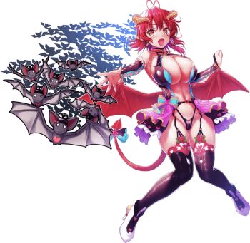1girl bat_wings boots breasts collar covered_erect_nipples demon_girl detached_sleeves earrings fang garter_straps horns jewelry knee_boots kyonyuu_fantasy large_breasts leotard non-web_source pale_skin pointy_ears shamsiel_shahar strapless strapless_leotard tail tattoo thighhighs wings