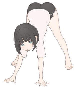 1girl 1ssakawaguchi absurdres all_fours ass barefoot bent_over black_shorts bob_cut brown_hair closed_mouth dolphin_shorts full_body highres ichika_(1ssakawaguchi) looking_at_viewer original petite shirt short_hair short_shorts short_sleeves shorts simple_background solo thighs white_background white_shirt