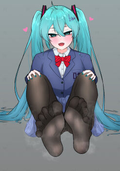 1girl absurdres blue_eyes blue_hair blush feet hands_on_own_knees hatsune_miku highres long_hair looking_at_viewer marubanu open_mouth panties panties_under_pantyhose pantyhose pantyshot soles steam striped_clothes striped_panties toes twintails underwear vocaloid