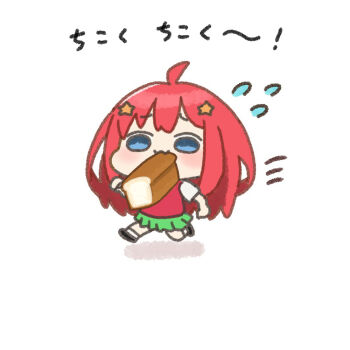 Rule 34 | 1girl, :3, akino ell, black shoes, blue eyes, blush, bread, chibi, closed mouth, commentary request, flying sweatdrops, food, food in mouth, go-toubun no hanayome, green skirt, hair ornament, loaf of bread, long hair, motion lines, mouth hold, nakano itsuki, pleated skirt, red hair, running, shadow, shirt, shoes, short sleeves, simple background, skirt, socks, solo, speed lines, star (symbol), star hair ornament, sweater vest, translation request, very long hair, white background, white shirt, white socks