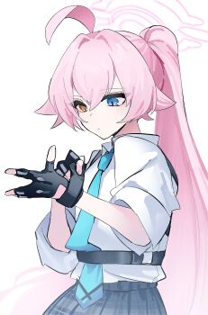 Rule 34 | 1girl, absurdres, adjusting clothes, adjusting gloves, black gloves, black skirt, blue archive, blue necktie, dantyou2525, gloves, halo, heterochromia, high ponytail, highres, hoshino (armed) (blue archive), hoshino (blue archive), necktie, pink hair, pink halo, ponytail, shirt, simple background, skirt, solo, white background, white shirt