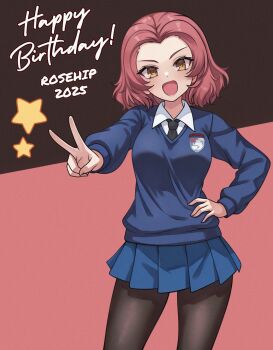 1girl aadka5 black_necktie black_pantyhose blue_jacket blue_skirt blush breasts emblem feet_out_of_frame girls_und_panzer hand_on_own_hip happy happy_birthday highres jacket looking_at_viewer medium_breasts necktie open_mouth pantyhose red_hair rosehip_(girls_und_panzer) school_uniform shirt short_hair skirt smile solo st._gloriana&#039;s_(emblem) st._gloriana&#039;s_school_uniform standing v white_shirt yellow_eyes