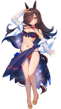 Rule 34 | 1girl, absurdres, animal ears, arm at side, arm up, bare legs, bare shoulders, bikini, bikini skirt, breasts, brown hair, commentary request, dot nose, flip-flops, full body, gluteal fold, hair over one eye, highres, horse ears, horse girl, horse tail, jacket, long hair, looking at viewer, medium breasts, navel, open clothes, open jacket, purple eyes, red bikini, rice shower (umamusume), sandals, see-through clothes, see-through jacket, side-tie bikini bottom, simple background, solo, spread fingers, starry sky print, straight hair, swimsuit, tail, umamusume, v, white background, white jacket, yellow sandals, yomean!