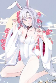 1girl animal_ears fake_animal_ears hair_between_eyes highres kaguya_(rune_factory) komugiko_(komugiu08) leotard long_hair looking_at_viewer playboy_bunny purple_eyes rabbit_ears rabbit_tail rune_factory rune_factory:_guardians_of_azuma smile tail white_hair white_leotard