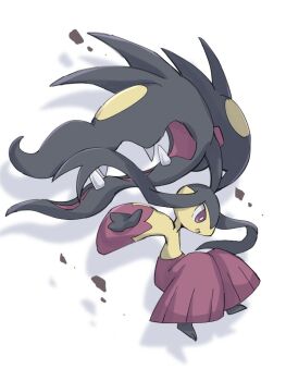Rule 34 | 1girl, ayaka 488, big hair, black hair, black skin, bright pupils, colored skin, commentary request, extra mouth, full body, gen 3 pokemon, living hair, long hair, looking to the side, mawile, mega mawile, mega pokemon, multicolored skin, nintendo, open mouth, pokemon, pokemon (creature), purple eyes, purple skin, sharp teeth, simple background, solo, standing, teeth, white background, white pupils, yellow skin