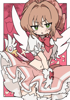 Rule 34 | 1girl, absurdres, blush, border, brown hair, cardcaptor sakura, commentary, cowboy shot, crop top, feathers, frilled skirt, frilled sleeves, frills, fuuin no tsue, glove bow, gloves, green eyes, hat, hat ribbon, highres, kero (cardcaptor sakura), kinomoto sakura, looking at viewer, magical girl, midriff, navel, open mouth, outside border, pink hat, pink skirt, puffy short sleeves, puffy sleeves, red background, ribbon, short sleeves, skirt, staff, wand, white border, white gloves, white sleeves, white wings, wings, yuateheng