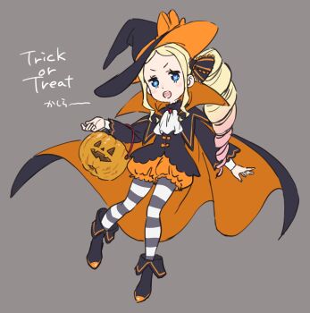 1girl cape full_body halloween halloween_bucket hat highres long_hair looking_at_viewer open_mouth pantyhose solo striped_clothes striped_pantyhose trick_or_treat witch_hat