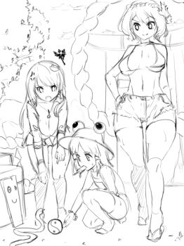 3girls ball bent_over bikini bikini_top_only breasts casual cleavage cutoffs downblouse ed_edd_n_eddy female_focus flat_chest food frog_hair_ornament greyscale hair_ornament hand_on_own_hip hat hot kneeling kochiya_sanae large_breasts lineart long_hair magister monochrome moriya_suwako multiple_girls one-piece_swimsuit on_one_knee plank plank_(ed_edd_n_eddy) popsicle pyonta rope school_swimsuit shameimaru_aya shimenawa short_hair short_shorts shorts sketch snake sweat swimsuit thighhighs touhou underboob wide_hips yasaka_kanako