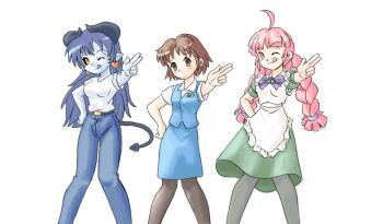 Rule 34 | 3girls, :q, ;p, astaroth (shinrabanshou), belt, black legwear, black sclera, blue hair, blue skin, blush, braid, brown hair, casual, colored sclera, colored skin, crossover, demon tail, denim, dress, earrings, futaba channel, hand on own hip, heart, heart earrings, horns, jeans, jewelry, jinki, long hair, looking at viewer, maid, multiple girls, office lady, one eye closed, pants, pantyhose, parody, pencil skirt, pink hair, pointing, shinrabanshou, shirt, short hair, simple background, skirt, smile, t-shirt, tail, tongue, tongue out, twin braids, we-tan, white background, wink, yamada-san