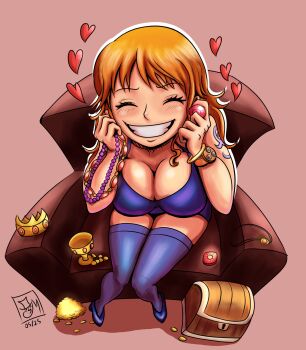 1girl blue_tattoo blue_thighhighs breasts cleavage highres large_breasts long_hair nami_(one_piece) one_piece orange_hair shoulder_tattoo smile tattoo thighhighs treasure