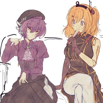 2girls a.i._voice adachi_rei arm_tattoo ascot belt beret black_gloves black_hat black_skirt bracelet breasts brown_belt brown_dress closed_mouth cosplay couch crossed_legs dress folding_fan formal_clothes gloves hand_fan hat headlamp headphones highres holding holding_fan jewelry joints large_breasts looking_at_another multiple_girls nekotorine one_side_up orange_eyes orange_hair power_symbol-shaped_pupils purple_ascot purple_eyes purple_hair purple_shirt radio_antenna robot robot_joints shirt short_hair simple_background sitting skirt smile symbol-shaped_pupils tattoo umineko_no_naku_koro_ni ushiromiya_eva ushiromiya_eva_(cosplay) ushiromiya_natsuhi ushiromiya_natsuhi_(cosplay) utane_uta utau white_background