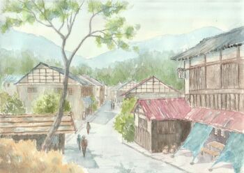 commentary_request day forest nature original outdoors painting_(medium) paruperu people real_world_location scenery town traditional_media tree watercolor_(medium)