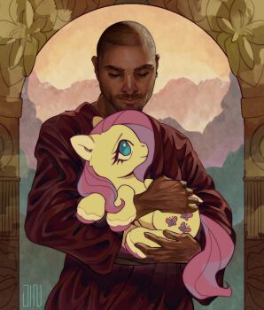 Rule 34 | 1boy, 1girl, better call saul, breaking bad, bug, butterfly, butterfly tattoo, buzz cut, carrying, child carry, column, commentary, crossover, cutie mark, dark-skinned male, dark skin, english commentary, eyebrow cut, facial hair, fine art parody, fluttershy, hooves, insect, jin hattori, looking at another, looking down, lost lamb, my little pony, my little pony: friendship is magic, nacho varga, painterly, parody, pillar, pink hair, pink tail, pony (animal), realistic, red robe, robe, short hair, sky, smile, stubble, tattoo, thick eyebrows, tsurime, very short hair, yellow fur, yellow sky