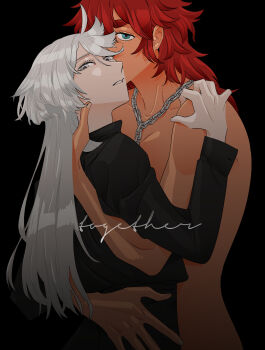 2girls absurdres black_background black_jacket blue_eyes chain chain_necklace commentary_request cursive dark-skinned_female dark_skin english_text grey_eyes gundam gundam_suisei_no_majo hand_on_another&#039;s_neck hand_on_another&#039;s_shoulder hand_on_another&#039;s_waist highres hug jacket korean_commentary long_hair long_sleeves looking_at_viewer miorine_rembran multiple_girls necklace nude parted_lips red_hair red_pupils simple_background snapagi suletta_mercury upper_body white_hair yuri