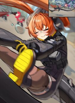 Rule 34 | 1girl, blush, breasts, cyborg, game screenshot inset, gameplay mechanics, garter straps, gloves, hair between eyes, hair intakes, highres, horns, long hair, magus (zenless zone zero), motion blur, orange hair, orphie magnusson, platform heels, pointy ears, pouch, reference inset, sagatin, smile, tail, tears, thighhighs, zenless zone zero, zipper