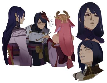 Rule 34 | 3girls, animal ears, annoyed, bare shoulders, bird girl, blue hair, blunt bangs, braid, closed mouth, detached sleeves, expressionless, fox ears, fox girl, from behind, from side, genshin impact, hair between eyes, headpiece, highres, holding, holding smoking pipe, japanese clothes, kimono, kujou sara, long braid, long sleeves, looking to the side, mask, mask on head, mole, mole under eye, multiple girls, parted lips, pink hair, purple eyes, purple kimono, raiden shogun, serious, short hair, single braid, smoking pipe, standing, suqling, upper body, white background, yae miko, yellow eyes