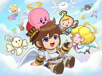 :d ^_^ above_clouds ancient_greek_clothes androgynous angel angel_day angel_wings angie_(kirby) bike_shorts bike_shorts_under_skirt blonde_hair blue_eyes blue_hair blue_sky blush_stickers bow_(weapon) bracer brown_hair brown_sandals centurion_(kid_icarus) character_request chibi chibi_only closed_eyes cloud cool_spook copy_ability crossover cupid_kirby cupie dark_angel dark_pit feathered_wings fingerless_gloves fur-trimmed_footwear fur_trim gloves gold_thighlet greco-roman_clothes halo hand_up helmet holding holding_bow_(weapon) holding_weapon jewelry kid_icarus kid_icarus_uprising kirby kirby's_epic_yarn kirby_(series) kirby_64 laurel_crown male_focus multiple_crossover nintendo open_mouth pink_hair pit_(kid_icarus) sandals short_hair sidelocks single_fingerless_glove sky smile species_connection spiked_hair suruga_kanade thighlet twitter_username watermark weapon white_wings winged_helmet wings zero_two_(kirby)