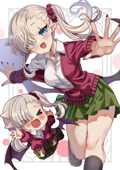 &gt;_&lt; 1girl :d black_nails black_socks black_wings blue_eyes blush breasts brown_hair cardigan chanto_suenai_kyuuketsuki-chan chibi collarbone collared_shirt commentary_request dress_shirt ear_piercing earrings fang fingernails green_skirt hair_ornament hair_scrunchie highres ishikawa_luna jewelry long_fingernails long_hair long_sleeves low_wings medium_breasts multiple_views nail_polish off_shoulder open_cardigan open_clothes open_mouth piercing pleated_skirt pointy_ears puffy_long_sleeves puffy_sleeves purple_cardigan red_scrunchie school_uniform scrunchie shirt side_ponytail skindentation skirt sleeves_past_wrists smile socks stud_earrings white_shirt wings xd xephonia
