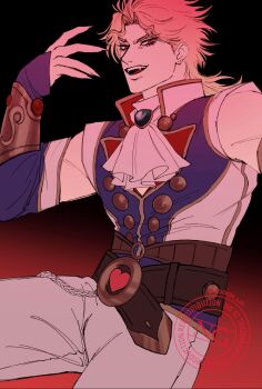 1boy ascot belt birthmark black_background blonde_hair blue_bridal_gauntlets blue_sleeves blue_vest bridal_gauntlets brown_belt chinese_commentary commentary_request detached_sleeves dio_brando ear_birthmark fangs fingernails gradient_background grey_pants heart_belt_buckle high_collar highres jojo_no_kimyou_na_bouken looking_at_viewer male_focus medium_hair messy_hair mooon_l31 official_alternate_costume open_mouth pants phantom_blood phantom_blood_(movie) red_background red_eyes sharp_fingernails single_bracer smile solo two-tone_shirt vampire vest white_ascot white_vest
