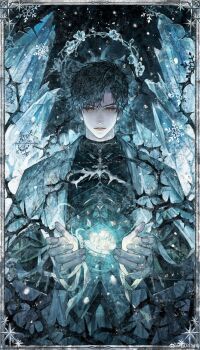 Rule 34 | 1boy, absurdres, bandages, black hair, black shirt, border, brooch, chinese commentary, coat, cowboy shot, cupping hands, curtained hair, facing viewer, flower, flower halo, frost, green eyes, grey border, hair between eyes, halo, halo behind head, highres, ice, jasmine (flower), jewelry, lapels, lips, long sleeves, looking at object, love and deepspace, male focus, night, notched lapels, object floating above hand, open clothes, open coat, ornate border, own hands together, parted lips, renga (artist), shards, shirt, short hair, snowflakes, snowing, solo, straight-on, thorns, transparent halo, turtleneck, turtleneck shirt, watermark, weibo watermark, white coat, white flower, wide sleeves, zayne (love and deepspace)