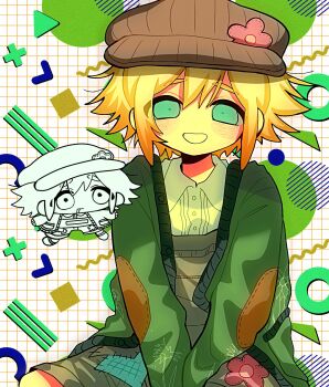 1boy :d aqua_eyes arms_between_legs basil_(birthday)_(omori) basil_(faraway)_(omori) basil_(omori) blonde_hair brown_hat brown_overalls buttons cardigan chibi chibi_inset circle collared_shirt cowboy_shot double-parted_bangs eyes_visible_through_hair flipped_hair green_cardigan grid_background grin hair_between_eyes hat highres kobanzame_omo looking_at_viewer male_focus newsboy_cap official_alternate_costume omori open_cardigan open_clothes open_mouth overall_shorts overalls shirt short_hair sidelocks simple_background sitting smile solo square triangle v_arms white_background white_shirt