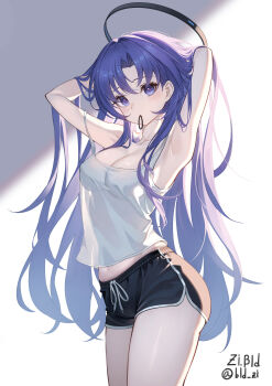1girl absurdres adjusting_hair armpits artist_name black_shorts bld_zi blue_archive breasts camisole cleavage commentary_request dolphin_shorts hair_tie_in_mouth halo highres korean_commentary large_breasts long_hair looking_at_viewer mechanical_halo mouth_hold purple_eyes purple_hair shorts solo thighs twitter_username very_long_hair white_camisole yuuka_(blue_archive)