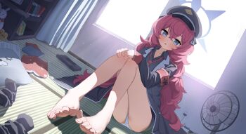 1girl armband barefoot blue_archive fluffy_hair gehenna_academy_logo grey_eyes halo hat highres iroha_(blue_archive) loli long_hair looking_at_viewer loose_necktie military_hat necktie panties peaked_cap purple_halo red_armband red_hair red_necktie safety_pin shiitakee_(pixiv_123910785) sitting tatami toes too_much_fluff underwear white_panties