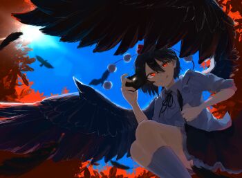 Rule 34 | 1girl, :q, absurdres, backlighting, bird wings, black hair, black ribbon, black wings, blue sky, collared shirt, commentary request, day, feathered wings, frilled skirt, frills, hat, highres, looking at viewer, momomo twi, neck ribbon, pom pom (clothes), red eyes, red hat, ribbon, shameimaru aya, shirt, short hair, skirt, sky, smile, socks, solo, sun, tokin hat, tongue, tongue out, touhou, white shirt, white socks, wings